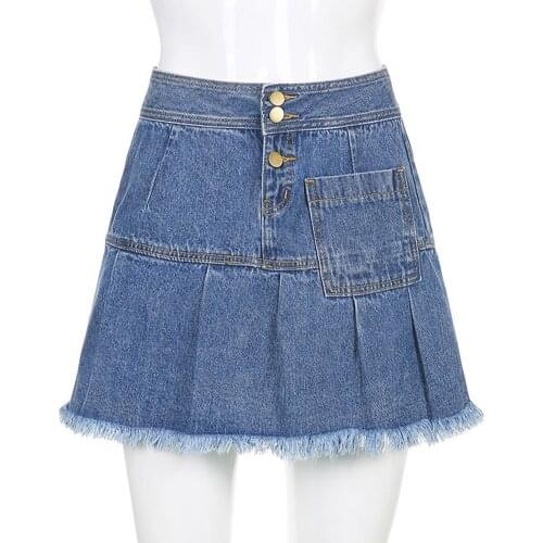 Summer Denim Skirt Ruffles Vintage High Waist Breathable Cotton Blend Single-breasted Pleated Skirt for Daily Life Jeans Skirt