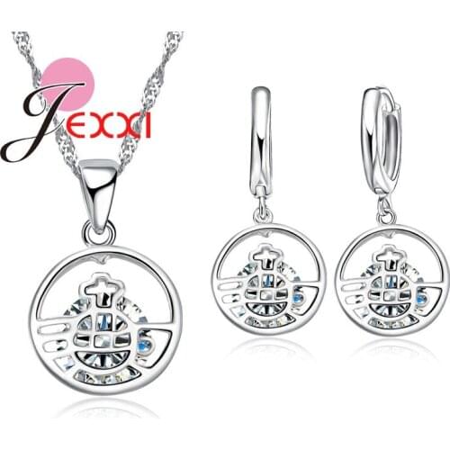 Retro Crystal 925 Sterling Silver Bridal Wedding Jewellery Sets Hollow Out Pendant Necklaces Earrings Set