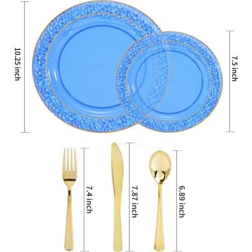 50pcs Blue Disposable plastic tableware with golden rim for 10 people birthday party decorations restaurant supplies