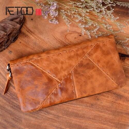 AETOO Original handmade wallet retro first layer leather color long zipper stitching wallet female mens handbag