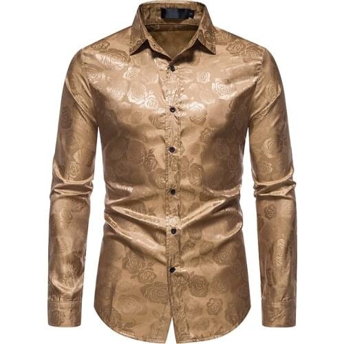 PARKLEES Mens Long Sleeve Slim Fit Rose Printed Dress Shirt Casual Jacquard Button Up Shirts for Men Wedding Prom Men Clothing