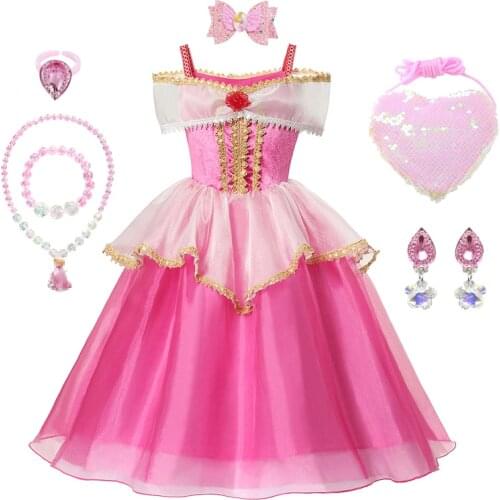 Princess Aurora Sleeping Beauty Off Shoulder Dress for Toddler Girls Princess Kid Party Ball Gown Flower Girls Pageant Frock
