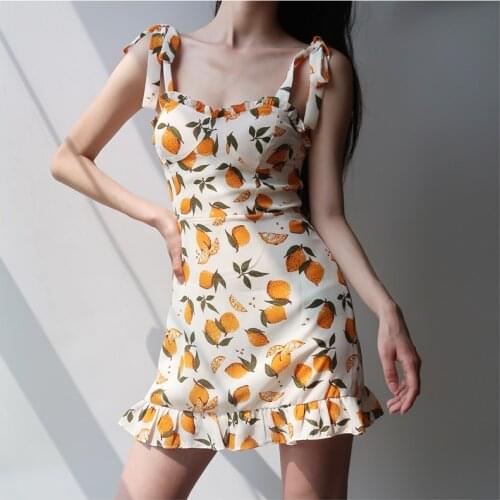 Summer Sexy Mini Lemon Yellow Floral Print Spaghetti Strap Dress Women White Elegant Beach Light Party Dress Girl Boho Robe 2021