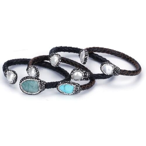 Natural Rough Freshwater Pearl Bead Turquoises Stone Charm Black Real Leather Wrap Adjustable Open Bracelet Cuff Bangle Women