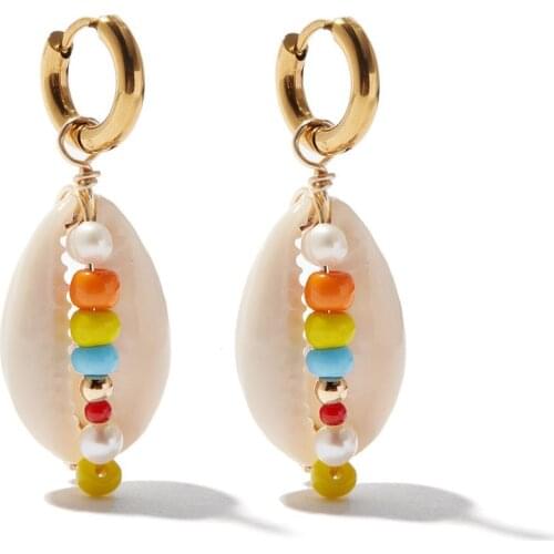 Handmade pearl seed beaded boho bohemian jewelry Harbour cowrie-shell stainless steel hoop earring