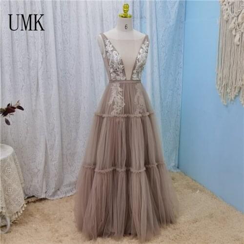 UMK Bohemia Beach Boho Wedding Dress Sexy V Neck Open Back Tulle Appliques Bridal Gowns