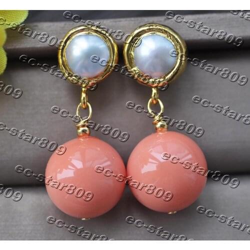 Z11352 16mm Coral-Pink Round Shell Pearl Gold plated Dangle Earring Women Fasion Jewelry