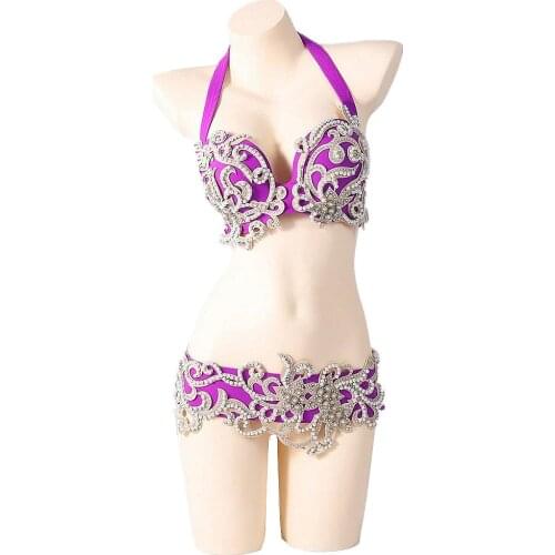 Women Dance Wear Egyptian Belly Dance Clothes Oriental Dance Costume Set Beaded Bra and Belt
