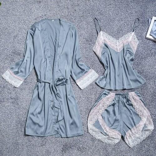 Spring and Autumn Womens Pajamas, Three-piece Suspender Nightdress, Solid Color Simulation Silk Sexy Long-sleeved Home Service