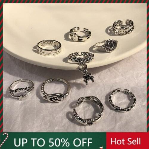 Retro Neutral Multi-layer Smiley Face Wide Ring for Women Antique Silver Color Opening Student Ring Hip-hop Punk Trend New 2021