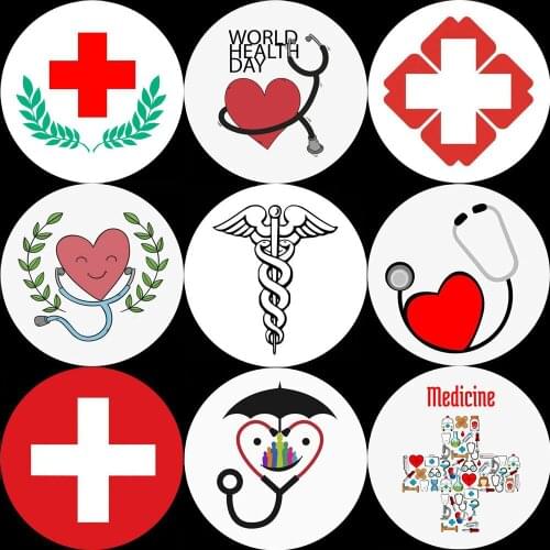 18 Styles Doctor Nurse Caduceus Red Heart Stethoscope ICRC Logo Word Health Day Brooch Pins Breastpin Badge Hospital Prize Gift