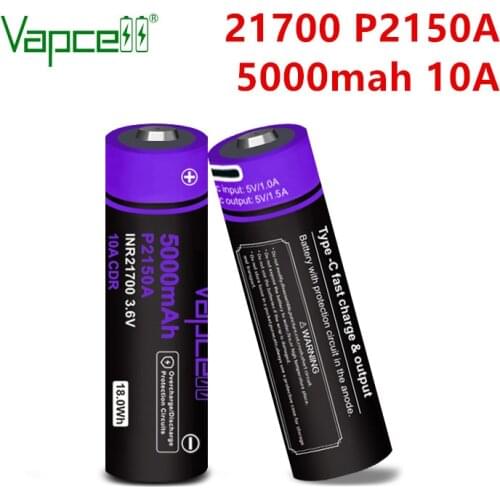 Vapcell Original P2150A 21700 5000mah 10A button top li ion battery 3.7V Type-c fast charge Rechargeable cell for flashlight