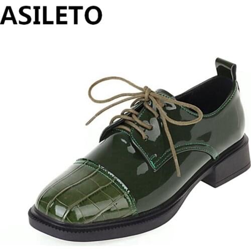 ASILETO 2021 Retro Lady Flats Vintnge Alligator Texture Lace Up Cap Toe Patchwork 3CM Chunky Heel US11 Brown Green Pink A4386