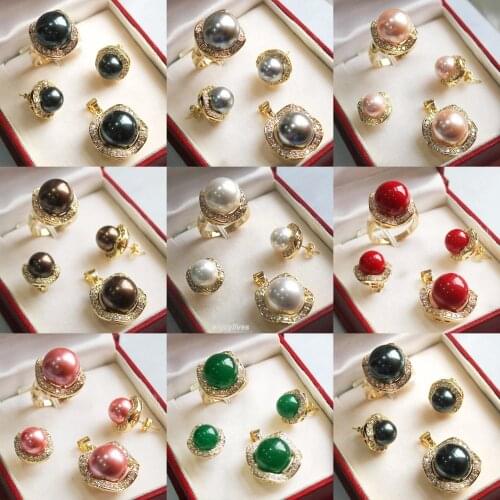 Free shipping Black White Pink Gray Green Shell Pearl Ring Earring Pendant Necklace can choose