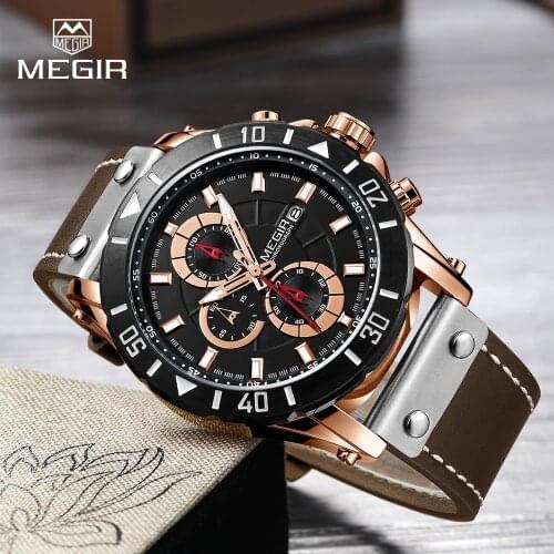 MEGIR Chronograph Sport Men Watch Leather Creative Quartz Watches Men Clock Hour Army Military Wristwatches Relogio Masculino