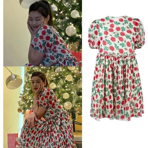 Kpop Korean Celebrity Evening Party Temperament Loose Sweet O-neck Dress Women Nightclub Sexy Puff Short Sleeve Floral Dresses