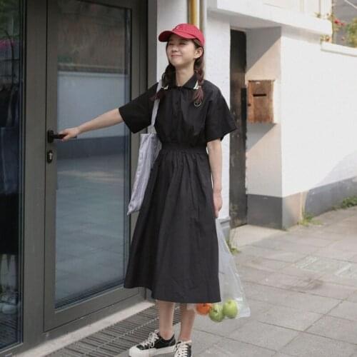 Summer Dresses Harajuku Single Breasted POLO Shirt Dress Embroidery Student A-Line Dress Mori Girls Solid Black Long Style Dress