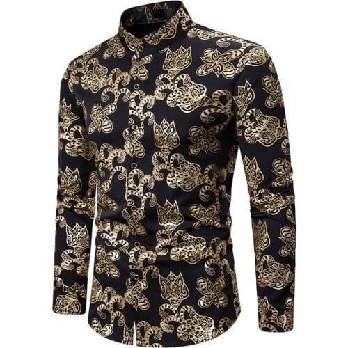 Fashion Floral Bronzing Print Shirt Men 2020 Brand Nightclub Prom Mandarin Collar Dress Shirt Mens Business Wedding Groom Shirts