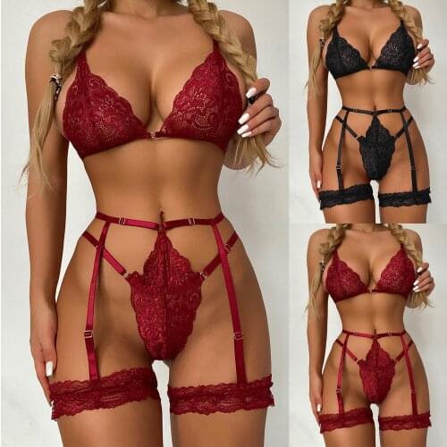 Newest Arrival Plus Size Women Ladies Sexy Nightwear Women Lace Lingerie V-neck Bra Thong With Garter Underwear Pajamas Suit Set