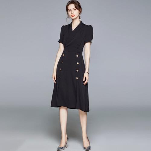 New Suit Dress Women Summer 2021 Elegant Fashion OL Style Notched Collar Short Sleeve High Waist Split Slim Black Dress
