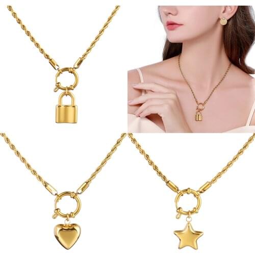 Stainless Steel Necklace Long Chain Necklace For Women Twist Chain Necklace Geometry Hollow Lock Charms Pendant Necklace Jewelry