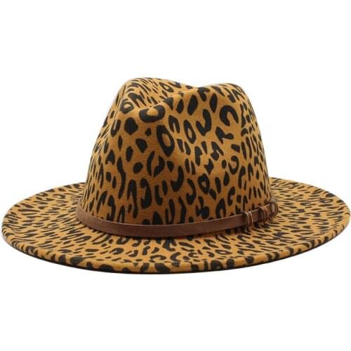 2020 Men Women Wide Brim Wool Felt Leopard Print Fedora Hats With Belt Buckle Vintage Panama Trilby Cap Hat