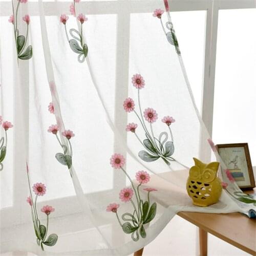 Embroidered Sheer Curtains for Living Room Pink Sun Flower Tulle Window Curtain for Bedroom Voile Window Transparent Drapes
