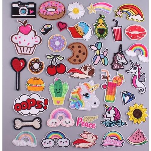 Lovely Cartoon Patches Dog Unicorn Animals Stickers Embroidered Iron on Patches For Clothing Rainbow Fruits Stripes For Clothes