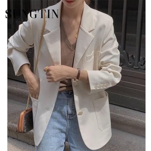 Sungtin Office Lady Wear Women Blazer Jacket Loose Coat Korea Style Vintage Elegant Outerwear Formal Suit Jackets High Quality