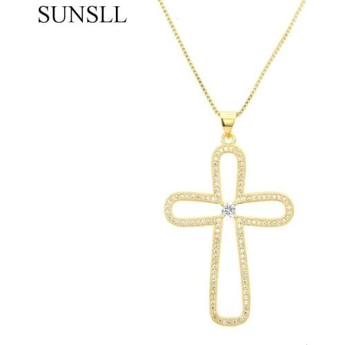 SUNSLL Golden Color Copper White/ Black Color Cubic Zirconia Cross Necklaces Womens Fashion Jewelry Pendant CZ Colar Feminina