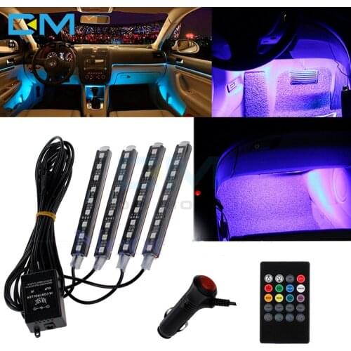 4pcs Car RGB LED Strip Light Atmosphere Lamps Car Auto Interior Light With Remote Wireless Music Automatic Controller 12V 8W