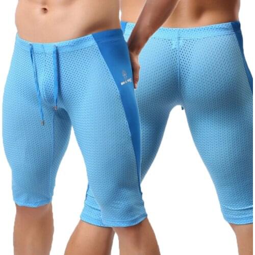 Men Long Boxer Shorts Mesh Breathable Fitness Seamless Sportswear Pants Running Workout Trunks Sleep Bottoms Patchwork Underwear
