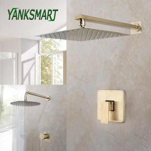 YANKSMART Brushed Gold Bathroom Shower Faucet Set 10 Inch Shower Nozzle Wall Mounted Waterfall Faucets Cold And Hot Mixer Tap