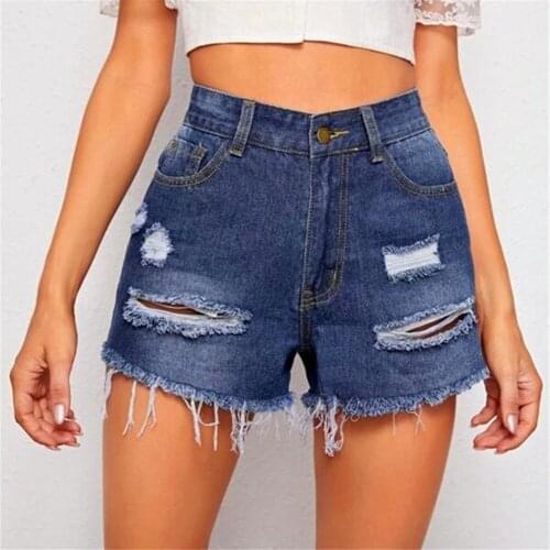 Sexy Hole Cotton Straight Leg Denim Shorts Women 2021 Summer New Blue High Waist Tassel Streetwear Lady Casual Jeans Shorts