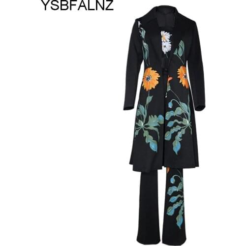 2021 Flower Print Three-piece Sets Windbreaker Women Long Sleeve Trench For Women Fashion Spring Autumn + Wide Leg Flared Pants