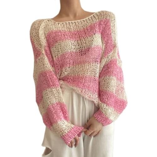 Korean Style Chic Off Shoulder Striped Knitwear Womens Hollow Out Loose Pullover Top Long Sleeve Thin Knitted Sunscreen Sweater
