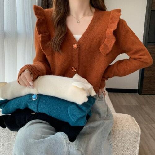 Women Knitted Ruffles Cardigans Sweater Autumn Long Sleeve Loose Coat Sweet Thick V Neck Solid Female Crop Tops 2021