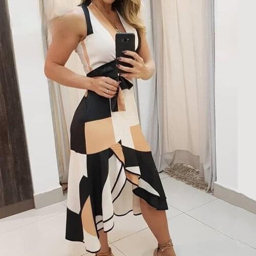 Summer V-neck Sleeveless Contrasting Color Printing Ladies Dress