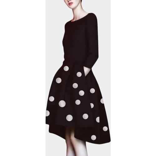 Hot Fashion Women Dress Spring Style 3/4 Sleeves With Pockets White Dots S M L XL 2XL High Low Ladies Gown NW104