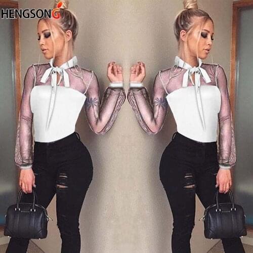New 2020 Summer Bodysuit Women Sexy Bow Mock Neck Patchwork Long Sleeve Back Ladies Lace Mesh Bodysuit Transparent Tops