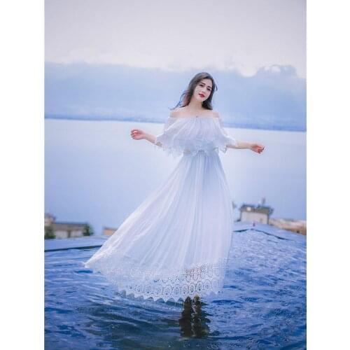 Bohemian Water Soluble Dress Slash Neck Strapless Womens Holiday Long Asymmetrical Casual Fashion Chiffon High Quality Runway