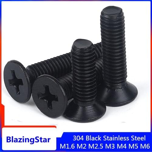 10-100PCS M1.6 M2 M2.5 M3 M4 M5 M6 L= 3mm - 40mm Black 304 Stainless steel Cross Phillips Flat Countersunk Head Screw Bolt