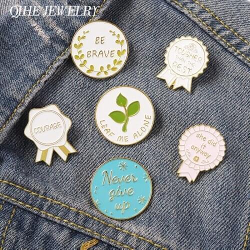 White Medal Enamel Pin Green Plant Leaf Brooch Metal Courage Inspirational Badge Backpack Hat Bag Kids Students Friends Gift