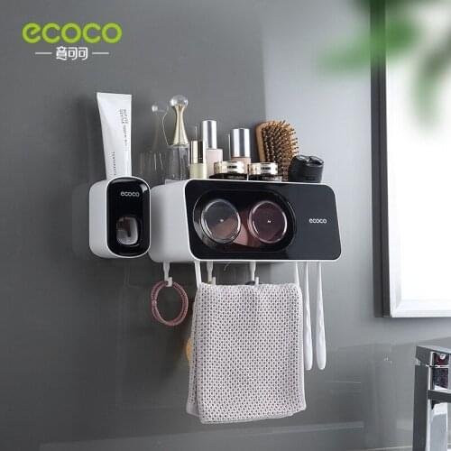 Ecoco Toothbrush Holder with Cups,Toothbrush Storage Punch-free, Multi-Functional Bathroom Organizer with Towel Bar and Hooks