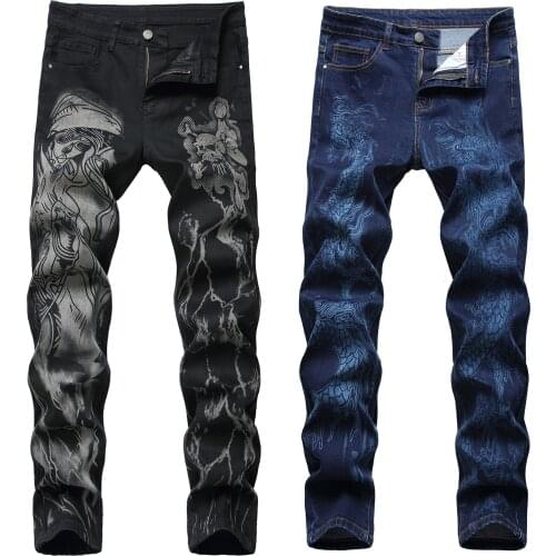 Men’s high street tiger prints jeans pants witch prints designs slimming casual jeans men dragon prints classic black&blue jeans