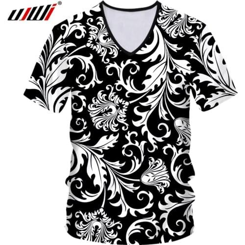 UJWI Summer Man New V Neck Tshirt 3D Printed Baroque Black White Flowers Print Casual Big Size Costume Spring Oversized Graphi