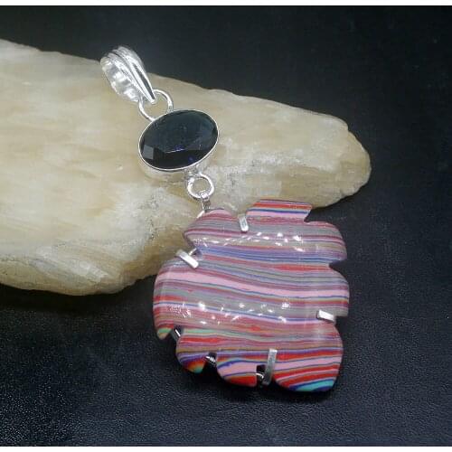 Gemstonefactory Jewelry Big Promotion 925 Silver Stripe Jasper Blue Topaz Handmade Women Ladies Gifts Necklace Pendant 1025