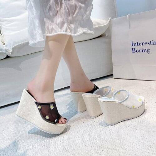 Mesh Embroidered Flower Wedges Slides Women Fashion Summer Platform Heels Open Toe Sandals Ladies Non-Slip Beach Slippers Shoes
