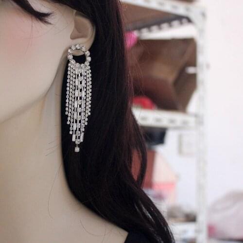 JXCUL Fashion Show Ladys Shiny Rhinestone Big Long Tassel Dangle Earrings Jewelry Evening Dress Statement Earring Accessories