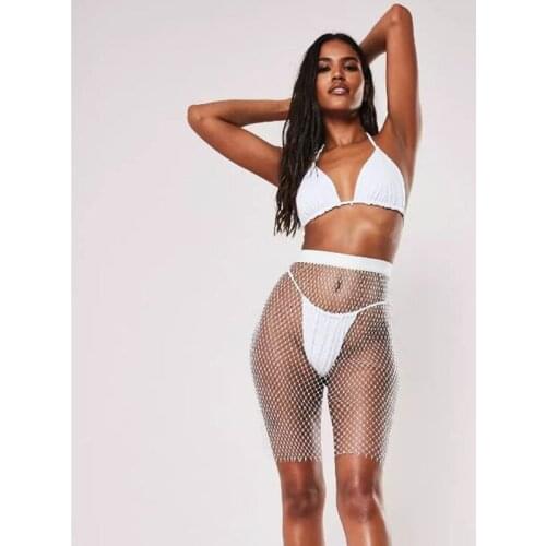 See Through Short Women Shiny Diamante Grid Sexy Hollow Out Elastic Waist Fashion Skinny Shorts Party Night Club Lady Hot Short